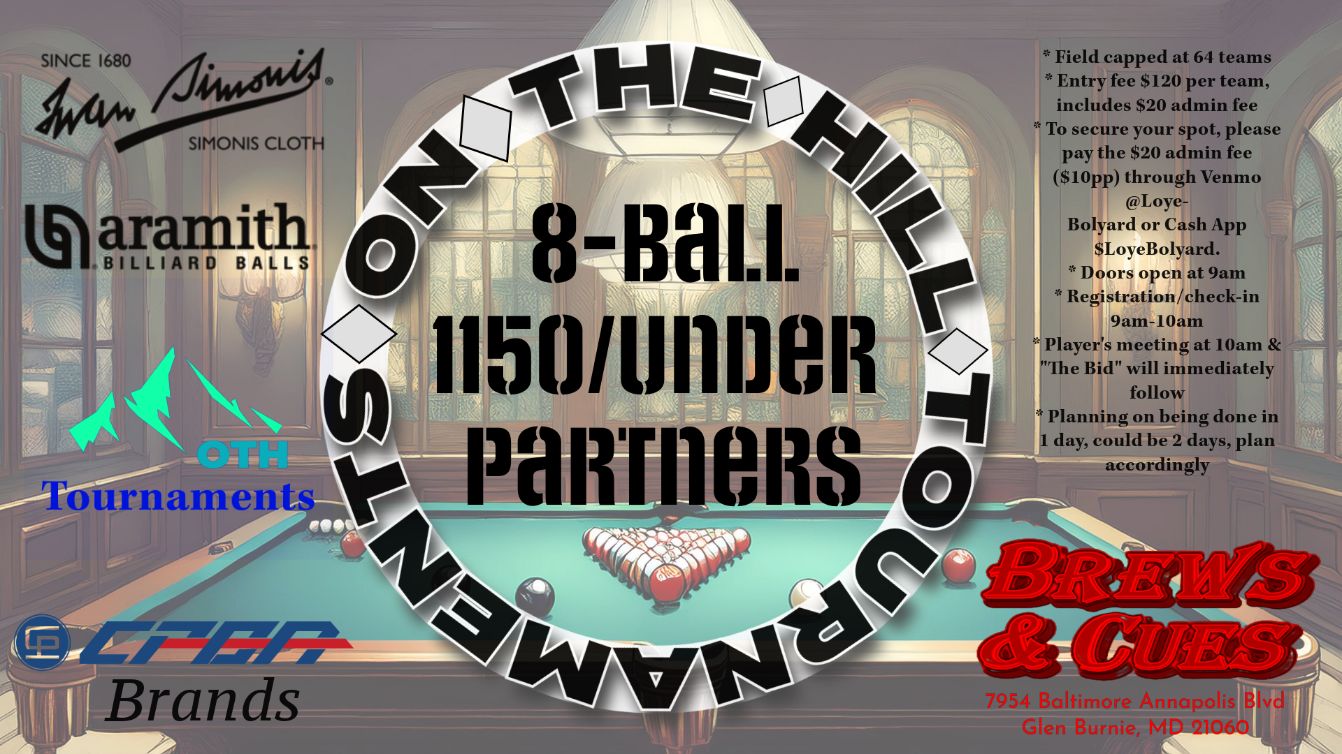 Maryland State 1150/under 8-Ball Championship Presented by On The Hill Tournaments